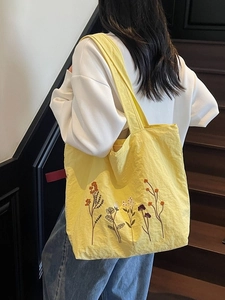 Yellow canvas tote bag with floral embroidery for women's daily casual style
