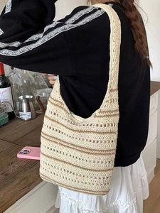 Large capacity color-block woven shoulder bag for fashion commuting and beach vacation
