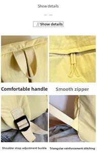 Détails du sac à dos en nylon jaune avec coutures renforcées et fermeture éclair fluide