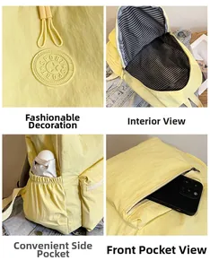 Détail du sac à dos léger jaune avec doublure rayée et poche zippée sécurisée pratique