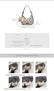 Size chart and color options for the vintage plaid PU hobo bag with bear pendant