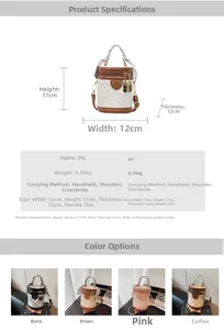 Detailed size chart and multi-color options for the quilted leather bucket bag