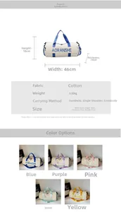 Detailed view of large travel bag specifications including size dimensions and fabric texture