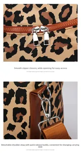 Detail of leopard print travel bag showing dual metal zippers and detachable shoulder strap