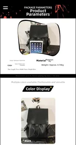 Detailed view of black PU backpack with 31x16x42cm dimensions and drawstring closure