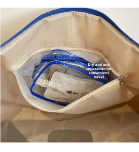Detail of travel bag showing dry and wet separation compartment with waterproof PVC lining