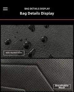 Detail of waterproof fabric with water droplets and breathable mesh on black backpack