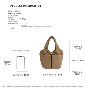 Brown canvas bucket bag size comparison with smartphone showing large capacity details