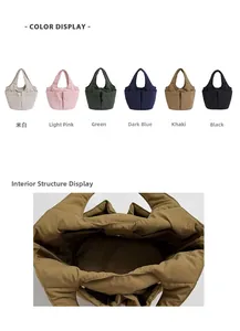 Detailed interior view of multi-pocket quilted tote bag and color palette display