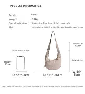 Size comparison of beige nylon crossbody bag with mobile phone and product specifications