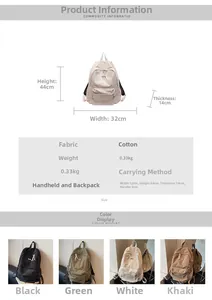 Detailed size chart and multi-color view of a lightweight 0.33kg canvas backpack