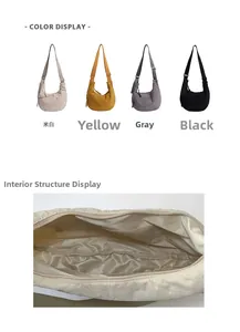 Detail view of large nylon dumpling bag showing four colors and spacious inner pocket