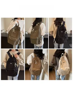 Collage of four stylish canvas backpacks in military green, black, coffee, and beige colors