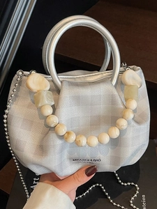 Moda Donna Borsa a Nuvola Plissé a Quadri in Pelle PU Borsa a Spalla con Manico in Perline e Tracolla a Catena in Metallo