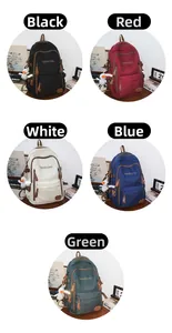 Vertical collage showing five colored nylon backpacks with cute duckling pendants