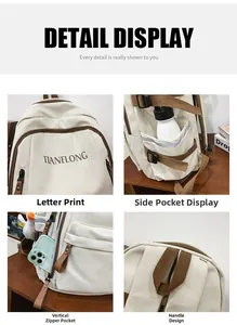 Close-up of beige canvas backpack featuring brown details, side pockets, and letter prints