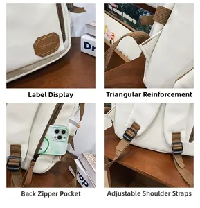 Detail view of white canvas backpack featuring brown contrast straps and secure stitching