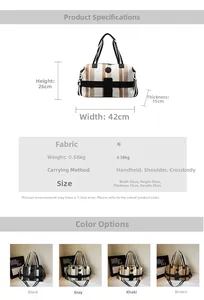 Detailed size specifications and color options for the canvas striped travel tote bag