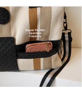 Macro shot of striped travel tote with zipper side pocket and woven leather detail