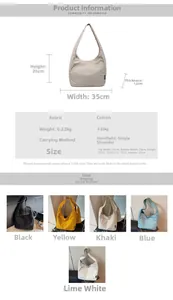 Detailed size chart for nylon tote bag showing 35x23x12cm dimensions and five colors
