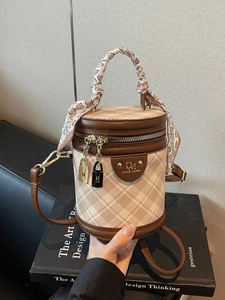 Women Vintage PU Leather Bucket Bag With Silk Scarf Handle Diamond Lattice Crossbody Shoulder Bag Gold Padlock Pendant