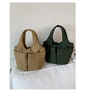 Quilted nylon tote bags in khaki and green featuring multiple practical outer pockets