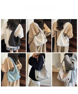 Detailed views of high-capacity nylon tote bags in various pastel colors for daily wear