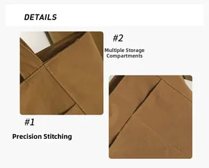 Detail of reinforced stitching and multi-compartment storage on brown canvas tote bag
