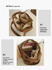Detailed interior of large brown canvas tote bag showing A4 capacity and pockets