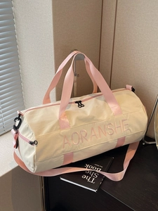 Large capacity beige travel bag with pink straps and embroidery for fitness and sports