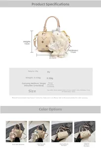 Detailed view of color block bucket bag with floral patterns and plush bunny pendant