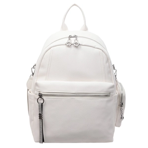 White faux leather backpack with lychee texture and silver hardware on white background