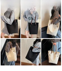 Detailed views of a large canvas tote bag with leather straps and metal rivets