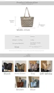 Quilted tote bag size chart and multi-color options with dimensions 41x30x12cm