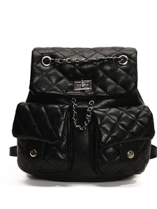 Women's black quilted mini backpack with silver chain straps and flap pockets