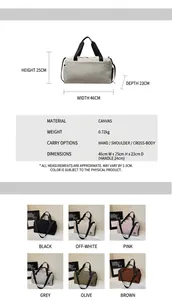 Detailed size chart for travel bags with dimensions 46x25x23cm and color options