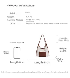 Size comparison of a canvas tote bag with an iPhone showing exact dimensions and weight
