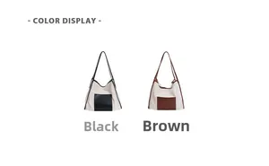 Canvas tote bag color display featuring black and brown leather pockets and long straps