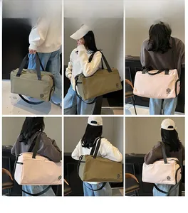 Detailed views of army green and pink travel bags shown from multiple angles by a model