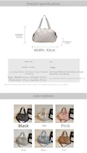 Detailed dimension chart and material specs for the 42x27x17cm PU leather travel bag