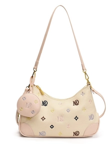 Fashionable beige hobo bag with colorful letter patterns and matching round coin purse