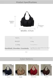 Detailed size specifications for a multi-pocket nylon shoulder bag with four color options