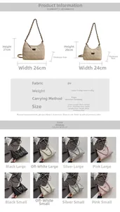 Size comparison and specifications chart for quilted chain shoulder bucket bag