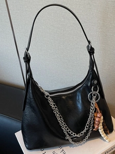 Fashion PU Leather Underarm Bag For Women Retro Hobo Shoulder Bag With Metal Chain Wood Bead Charm Large Commute Tote Bag
