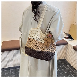 Detail of three-tone woven crochet tote bag with cute bear charm and mesh texture