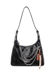 Classic black leather underarm bag with silver chain and bohemian beaded tassel detail