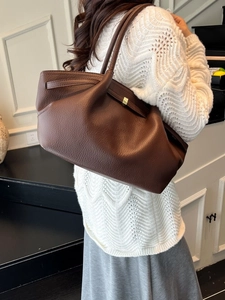 Brown lychee grain large tote bag with pleated design and gold metal buckle detail