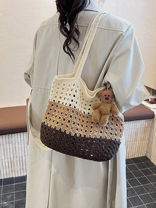 Handwoven gradient crochet tote bag in beige and brown with cute bear charm