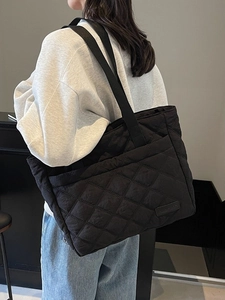 Large black quilted tote bag with rhombus pattern for women's autumn winter fashion