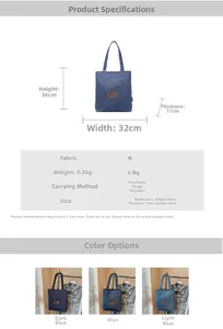 Detailed size specifications and color options for the canvas tote bag showing dimensions